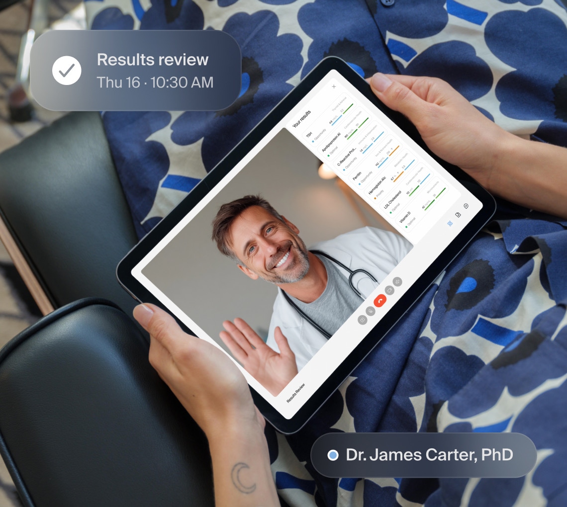 A video results review with a longevity clinician on a tablet