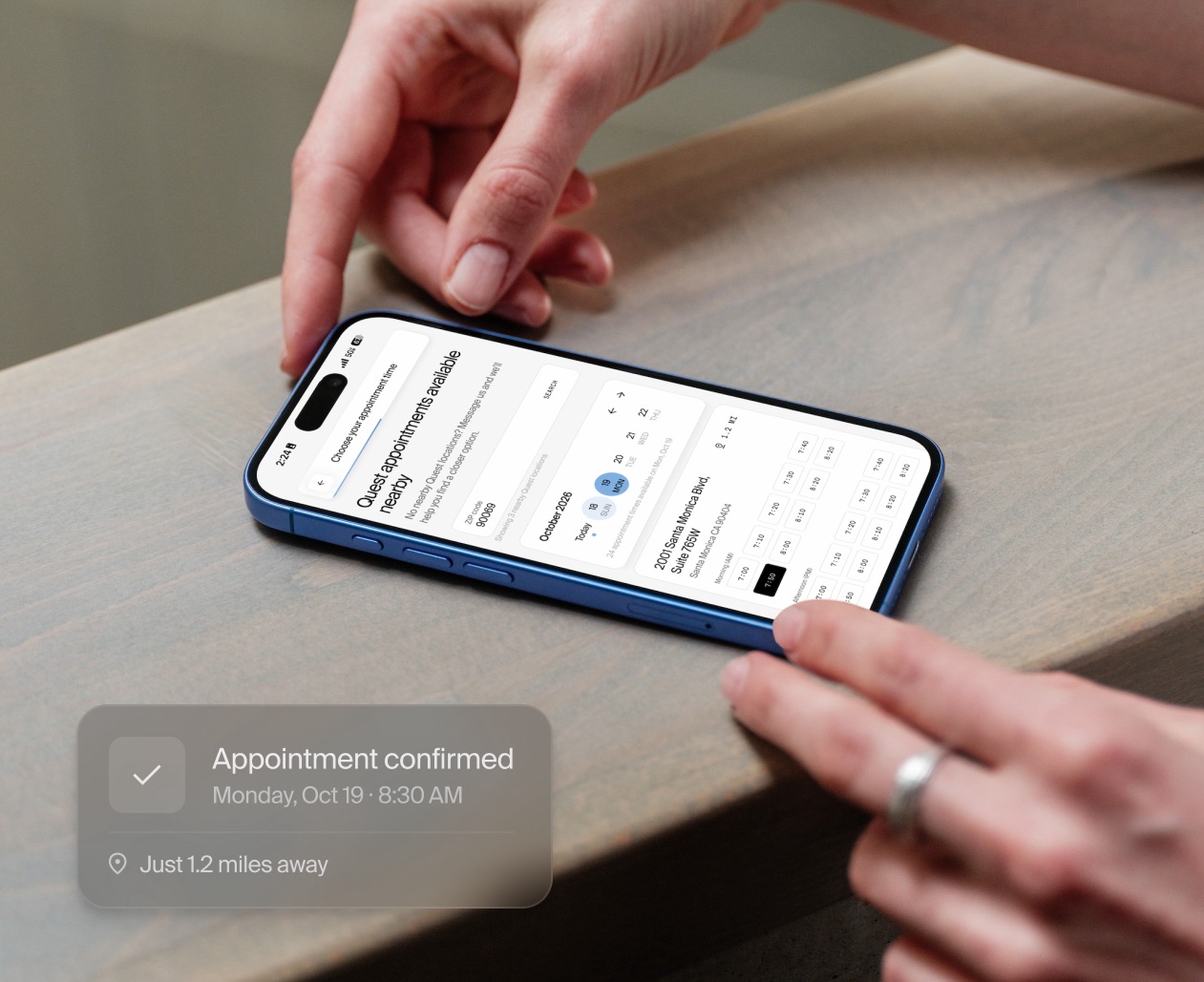 Booking a nearby Quest lab appointment on a phone. Appointment confirmed: Monday, Oct 19, 8:30 AM, just 1.2 miles away.